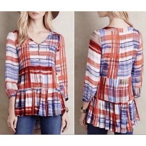 Anthropologie Maeve Lila Plaid Button Down Ruffle Blouse Size Medium Flag USA